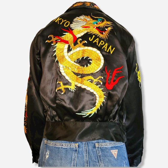 RARE VINTAGE 1940s Original WWII Embroidered Sukajan Souvenir Jacket Black